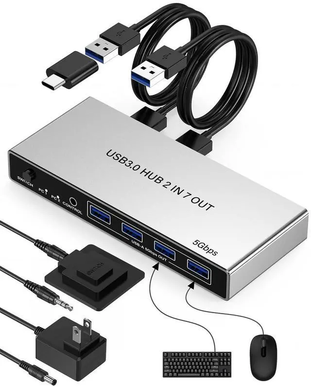 Main image of USB 3.0 Switch for 2 Computers, Sharing 4 USB-A & 3 USB-C Devices - 7 Port USB Switcher Selector to Share Keyboard, Mouse, USB Flash Drive, Printer, Scanner, with 2 USB 3.0 Cables and Controller