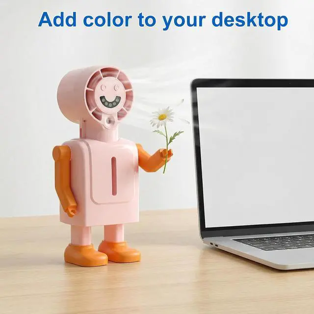 Alt view image 7 of 7 - cjc Portable Handheld Misting Fan,1800mAh USB Rechargeable Mini Table Fan with LED Display,4 Speeds Wind,Robot Appearance Quiet Neck Fan for Travel, Outdoor, Beach (Pink)