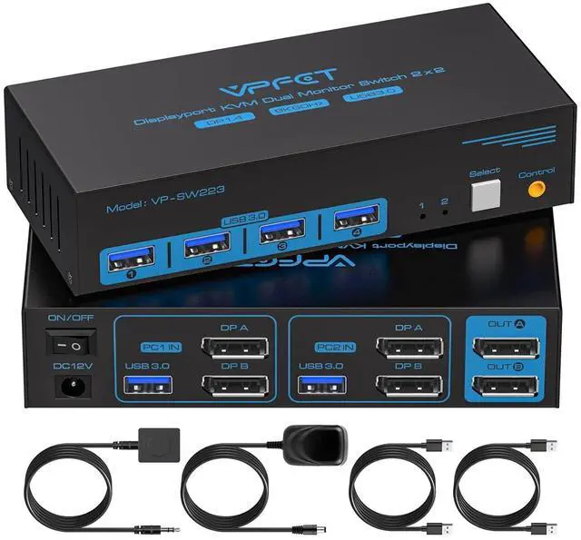 Main image of 8K@60Hz Displayport KVM Switch 2 Monitors 2 Computers Display Port 4K@120Hz USB3.0 Dual Monitor KVM Switches for 2 PC Share 2 Screens and 1 Set of Keyboard Mouse