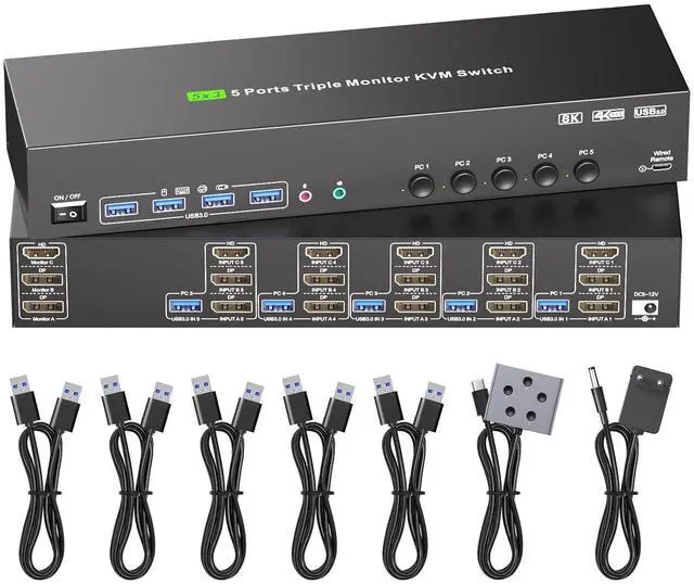 Main image of KVM Switch 3 Monitors 5 Computers 4K@120Hz,2 Displayport+HDMI KVM Switch Triple Monitor for 6/5/4 PC Share 3 Monitors and Keyboard Mouse Printer,with Wired Remote and USB Cables,Not EDID Simulation