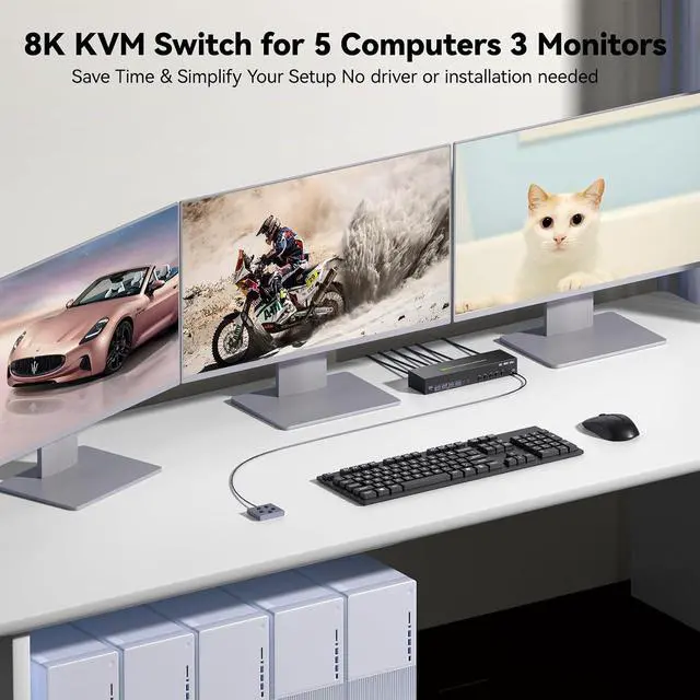 Alt view image 2 of 7 - KVM Switch 3 Monitors 5 Computers 4K@120Hz,2 Displayport+HDMI KVM Switch Triple Monitor for 6/5/4 PC Share 3 Monitors and Keyboard Mouse Printer,with Wired Remote and USB Cables,Not EDID Simulation