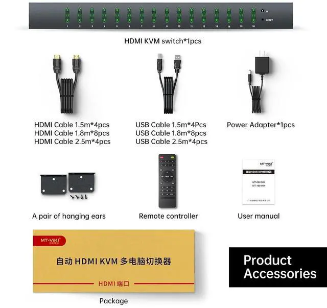 Alt view image 6 of 6 - MT-VIKI 16 Port KVM Switch HDMI 4K@60Hz w/Remote, Support Keyboard Hotkey Switch 1U Rack Mount KVM HDMI with 3.5mm Audio, 16 Pack Cables Included (Industrial Grade)
