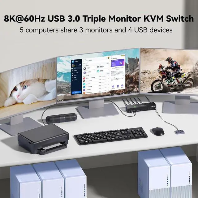 Alt view image 6 of 7 - KVM Switch 3 Monitors 5 Computers 4K@120Hz,2 Displayport+HDMI KVM Switch Triple Monitor for 6/5/4 PC Share 3 Monitors and Keyboard Mouse Printer,with Wired Remote and USB Cables,Not EDID Simulation