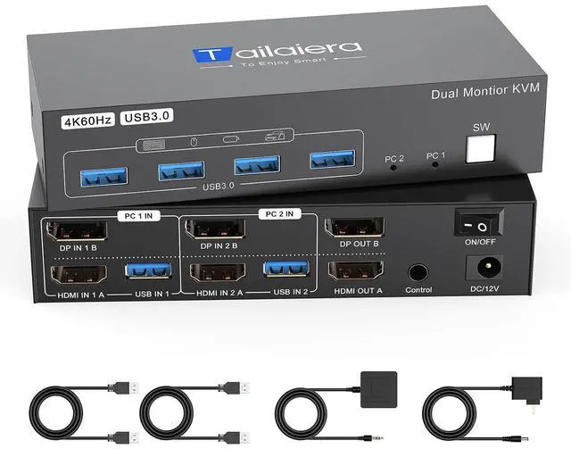 Main image of HDMI Displayport KVM Switch 2 Monitors 2 Computers,4K@60Hz HDMI DP Dual Monitor KVM Switches 2 Ports for 2 PC Share 4 USB 3.0 Mouse Keyboard and 2 Screens 2 USB 3.0 Cables and Extended Controller