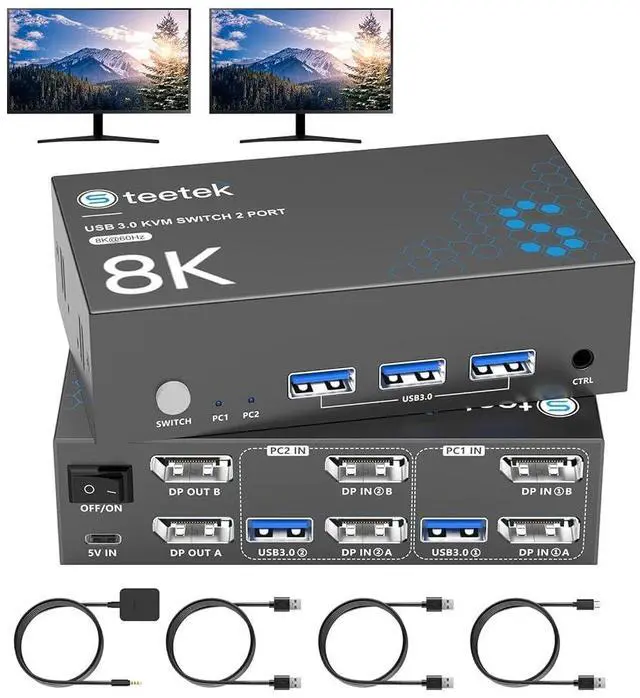 Main image of 8K@60Hz KVM Switch 2 Monitors 2 Computers DisplayPort, USB3.0 KVM Switches, 4K@120Hz Dual Monitor for 1 Set of Keyboard Mouse Printer and U Disk with EDID Adaptive 2 USB Cables -S7230P2