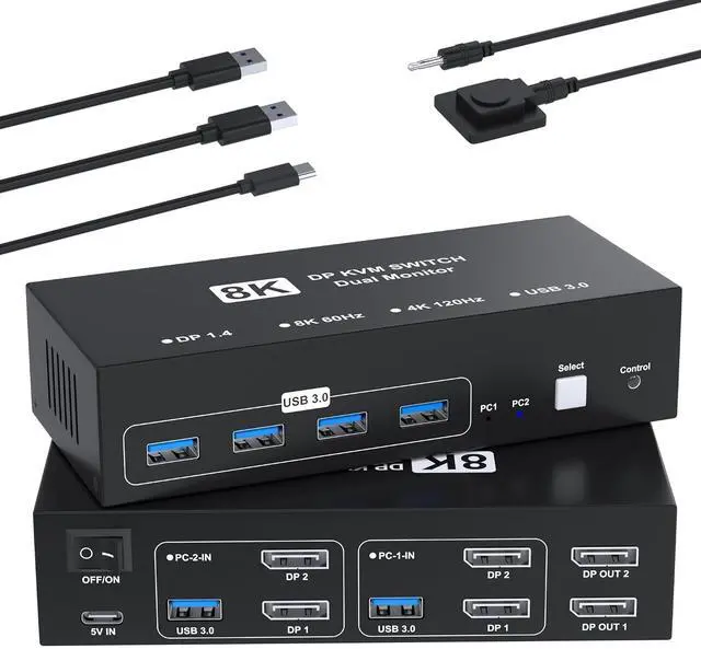 Main image of 8K@60Hz Displayport KVM Switch 2 Monitors 2 Computers, 4K@120Hz USB3.0 KVM Switch Display Port for 2 Computers Share Dual Monitors and 4 USB Devices, Computer Switch Monitor Switch for 2 Computers