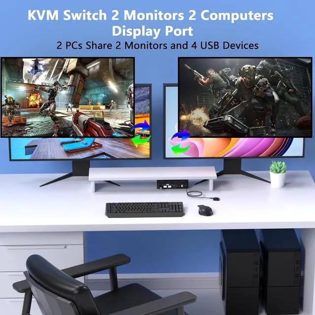 Alt view image 2 of 7 - 8K@60Hz Displayport KVM Switch 2 Monitors 2 Computers, 4K@120Hz USB3.0 KVM Switch Display Port for 2 Computers Share Dual Monitors and 4 USB Devices, Computer Switch Monitor Switch for 2 Computers