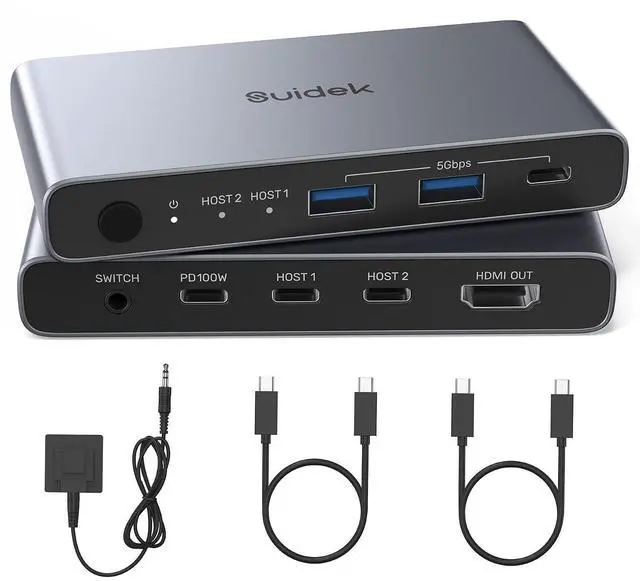 Main image of SUIDEK USB C KVM Switch 1 Monitor 2 Computers - 3 USB3.0 Ports 4K@60Hz Aluminum - 100W PD Charging - Dual USBC Input Share Keyboard Mouse Printer for Laptop Desktop Compatible with Windows, Mac, Linux