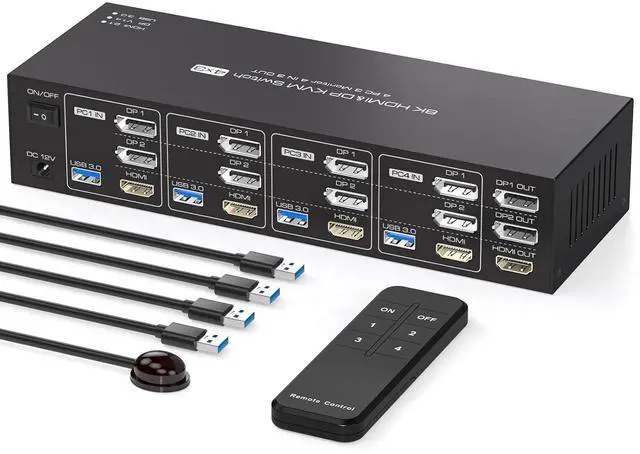 Main image of KVM Switch 3 Monitors 4 Computers 4K144Hz 2 Displayport HDMI Triple Monitor KVM for 4 PC Sharing 3 Screens and 4 USB 3.0 Port with Controller