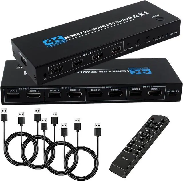 Main image of HDMI KVM Switch 4 Port, 4 in 1 Out 4K@30Hz USB 2.0 KVM Switcher with Remote Hotkey Switch, Multiview Split Screen Mouse Roaming for PC Laptop Gaming Monitor