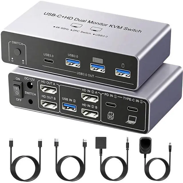 Main image of USB C+HDMI KVM Switch 2 Monitors 2 Computers, 8K Aluminum KVM Switch Dual Monitor for 2 PCs, 3 USB 3.0+1 USB-C KVM Selector for Laptop & Desktop Share Keyboard Mouse, Button+Wired Remote Controller