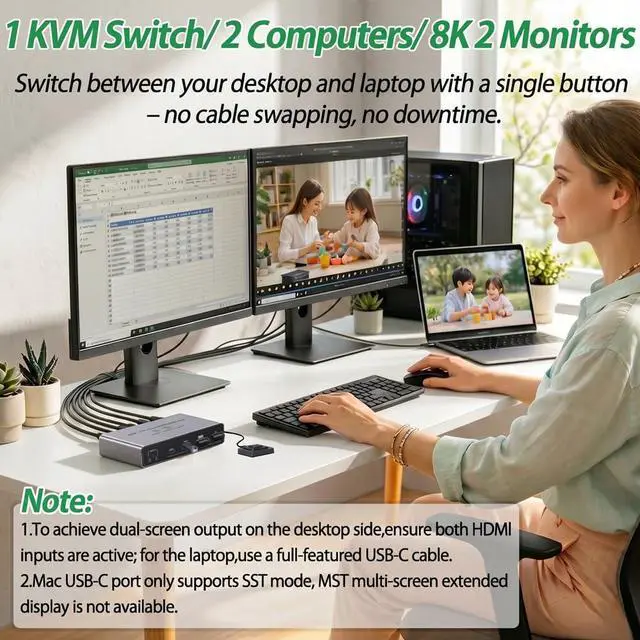 Alt view image 2 of 7 - USB C+HDMI KVM Switch 2 Monitors 2 Computers, 8K Aluminum KVM Switch Dual Monitor for 2 PCs, 3 USB 3.0+1 USB-C KVM Selector for Laptop & Desktop Share Keyboard Mouse, Button+Wired Remote Controller