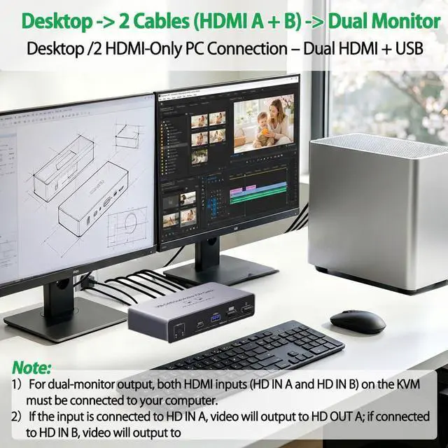 Alt view image 4 of 7 - USB C+HDMI KVM Switch 2 Monitors 2 Computers, 8K Aluminum KVM Switch Dual Monitor for 2 PCs, 3 USB 3.0+1 USB-C KVM Selector for Laptop & Desktop Share Keyboard Mouse, Button+Wired Remote Controller