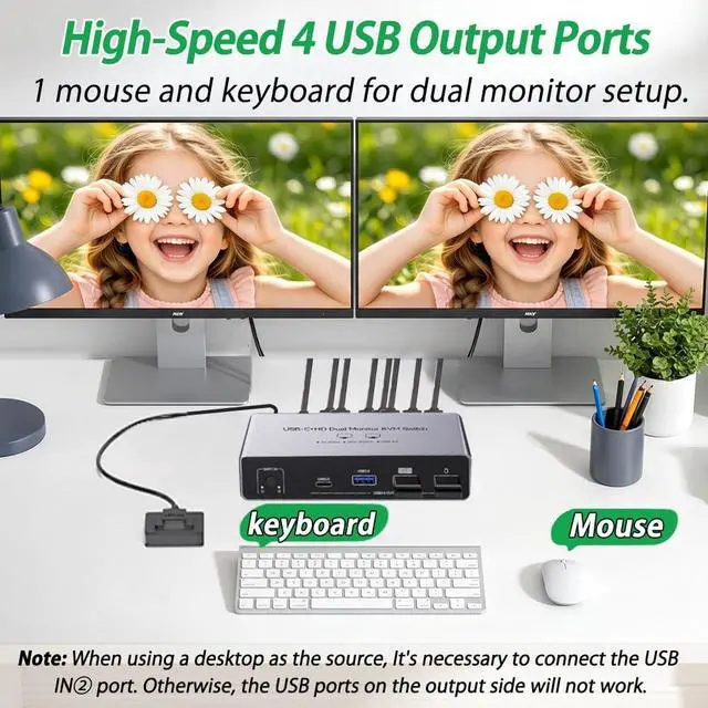 Alt view image 5 of 7 - USB C+HDMI KVM Switch 2 Monitors 2 Computers, 8K Aluminum KVM Switch Dual Monitor for 2 PCs, 3 USB 3.0+1 USB-C KVM Selector for Laptop & Desktop Share Keyboard Mouse, Button+Wired Remote Controller