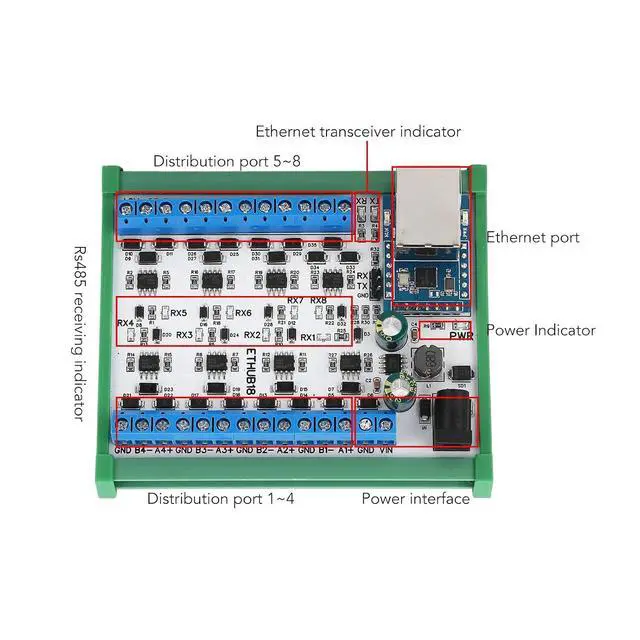 Alt view image 7 of 7 - RJ45 to 8 RS485 Hub Converter with Overvoltage Protection, Adjustable Baud Rate, DC7-30V for Security Monitoring & Home Automation (with Housing)