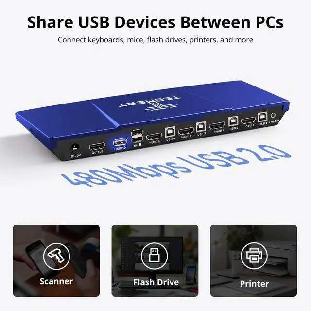 Alt view image 6 of 7 - HDMI KVM Switch 1 Monitor 4 Computers, 4K@60Hz 4 Port KVM Switches 4 PCs, with EDID Emulator, HDR10 Dolby Vision HDCP 2.2, L/R Out, USB, Auto Scan, IR Hotkey Switch, 2K@120Hz 1920x1080@240Hz