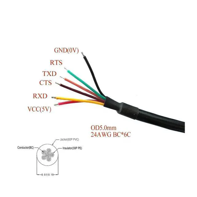 Alt view image 3 of 4 - F/;TD/;1 USB Serial Converter Cable FT231XS USB-RS232-WE-1800 Wire End(180cm,6c TX RX G V CTS RTS)