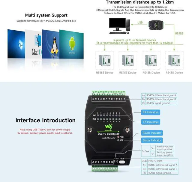 Alt view image 6 of 7 - USB to 8CH RS485 Industrial Grade Isolated Converter Adapter with Multiple Protection Circuits, Wall-Mount and Rail-Mount Support, Multi-OS Compatible @XYGStudy (USB to 8CH RS485)