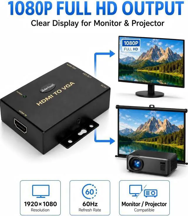 Alt view image 3 of 7 - JideTech HDMI to VGA Converter with Audio, 1080P Active HDMI Source to VGA Display Adapter, DC 5V Powered, 3.5mm Audio Output, One-Way HDMI to VGA Converter for Monitor and Projector