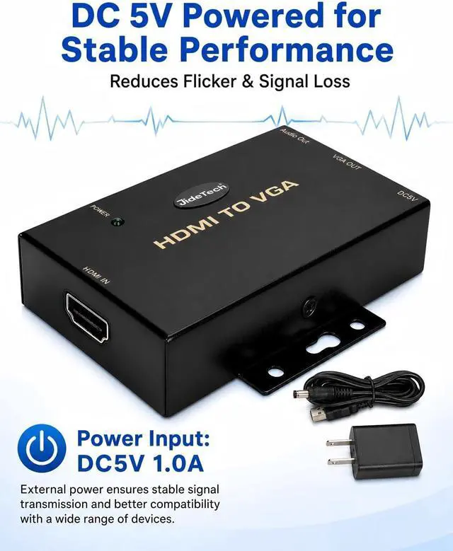 Alt view image 5 of 7 - JideTech HDMI to VGA Converter with Audio, 1080P Active HDMI Source to VGA Display Adapter, DC 5V Powered, 3.5mm Audio Output, One-Way HDMI to VGA Converter for Monitor and Projector