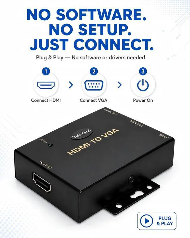 Alt view image 6 of 7 - JideTech HDMI to VGA Converter with Audio, 1080P Active HDMI Source to VGA Display Adapter, DC 5V Powered, 3.5mm Audio Output, One-Way HDMI to VGA Converter for Monitor and Projector