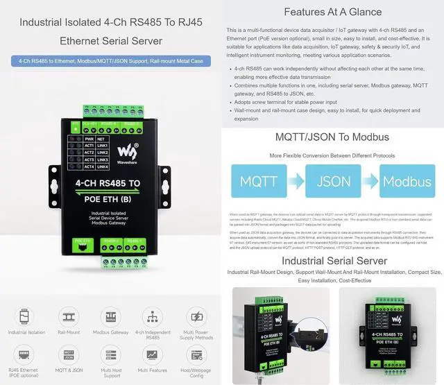 Alt view image 3 of 7 - 4-Ch RS485 to RJ45 Ethernet Serial Server (PoE Ethernet Port), 4 Channels RS485 Independent Operation, Rail-Mount Industrial Isolated Serial Module, Bi-Directional Transparent Transmission