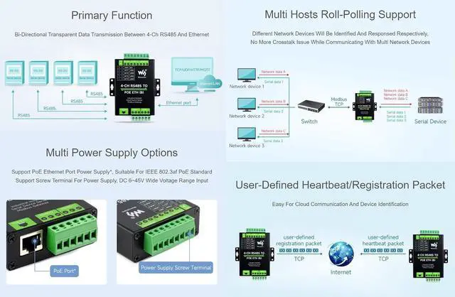 Alt view image 5 of 7 - 4-Ch RS485 to RJ45 Ethernet Serial Server (PoE Ethernet Port), 4 Channels RS485 Independent Operation, Rail-Mount Industrial Isolated Serial Module, Bi-Directional Transparent Transmission