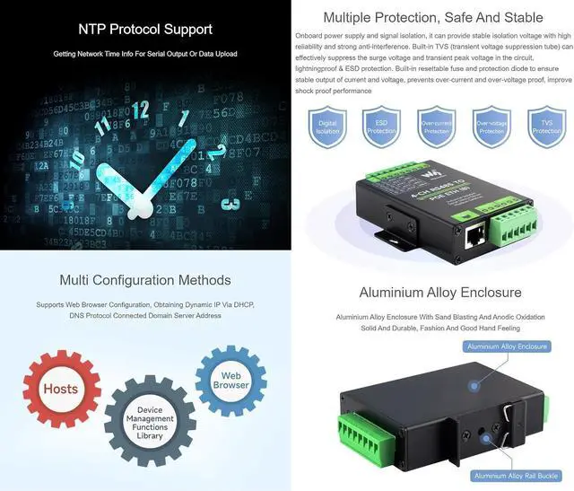Alt view image 7 of 7 - 4-Ch RS485 to RJ45 Ethernet Serial Server (PoE Ethernet Port), 4 Channels RS485 Independent Operation, Rail-Mount Industrial Isolated Serial Module, Bi-Directional Transparent Transmission