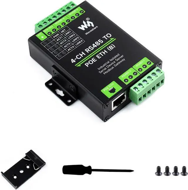 Main image of Industrial Isolated 4-Ch RS485 to RJ45 Ethernet Serial Server Adapter Support Modbus Gateway/MQTT/JSON Bi-Directional Transparent Transmission ETH to RS485 Rail-Mount Serial Module PoE Ethernet Port