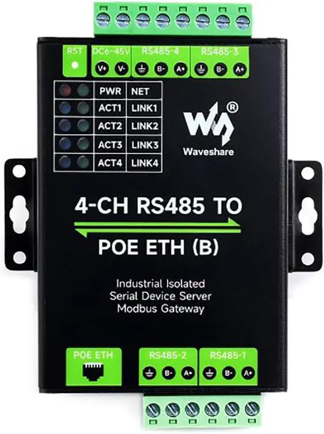 Alt view image 3 of 7 - Industrial Isolated 4-Ch RS485 to RJ45 Ethernet Serial Server Adapter Support Modbus Gateway/MQTT/JSON Bi-Directional Transparent Transmission ETH to RS485 Rail-Mount Serial Module PoE Ethernet Port