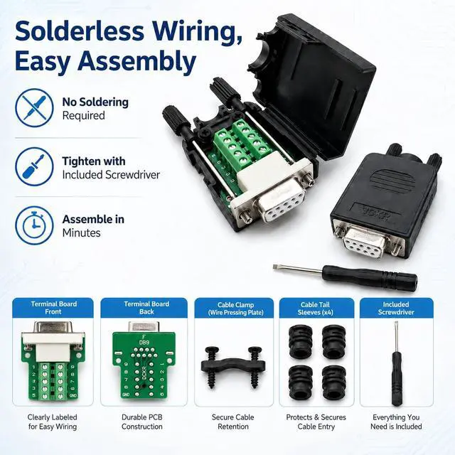 Alt view image 2 of 6 - UHUZZ 10PCS DB9 Female Breakout Connector, Solderless 9-Pin D-Sub RS232 Serial Adapter with Screw Terminals, Protective Housing, Long Screws and Tail Pipe for PLC, Modem, Industrial Equipment