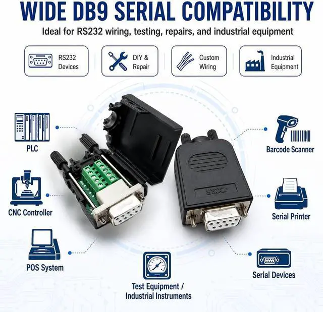 Alt view image 5 of 6 - UHUZZ 10PCS DB9 Female Breakout Connector, Solderless 9-Pin D-Sub RS232 Serial Adapter with Screw Terminals, Protective Housing, Long Screws and Tail Pipe for PLC, Modem, Industrial Equipment