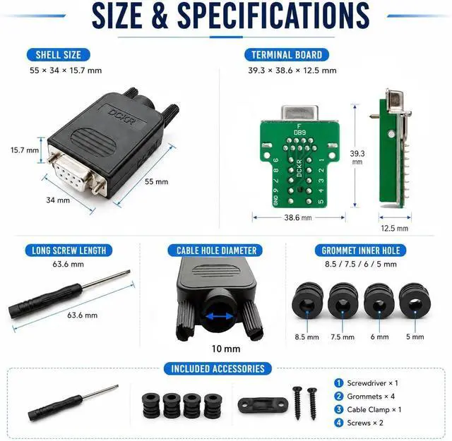 Alt view image 6 of 6 - UHUZZ 10PCS DB9 Female Breakout Connector, Solderless 9-Pin D-Sub RS232 Serial Adapter with Screw Terminals, Protective Housing, Long Screws and Tail Pipe for PLC, Modem, Industrial Equipment