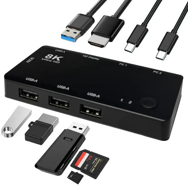 Alt view image 4 of 6 - 2 Port USB-C KVM Switch, 2 USB-C to 1 HDMI 8K@60Hz Screen,Thunderbolt 3/4 Compatible, 4 USB-A Port, for Dual PC, 2 Computers Share 1 HDMI Monitor & USB Peripherals, No HDMI Cable(HDMI Monitor)