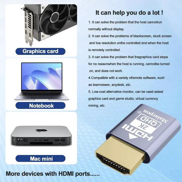 Alt view image 6 of 7 - HDMI Dummy Plug fit-Headless Display Emulator DDC EDID Headless Ghos with Windows Mac OSX Linux Great for Graphics Acceleration Support 1920x1080@60Hz 6P