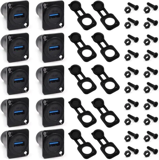 Main image of 10PCS USB 3.0 Panel Mount Connector, IP67 USB Pass Through Connector, Female to Female Socket for Audio Video Data Transfer/Charging with Weatherproof Dust Cap