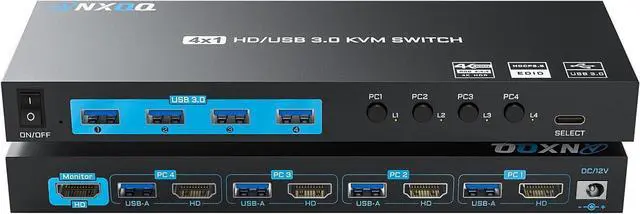 Main image of KVM Switch 4 Computers 1 Monitor, Reyoten HDMI 4K@60Hz, USB 3.0, Adaptive EDID, Plug & Play