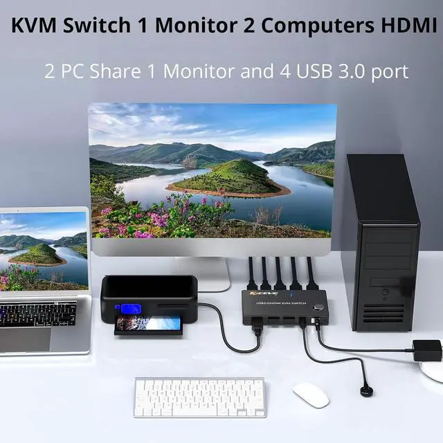 Alt view image 2 of 7 - KCEVE 4K KVM Switch 1 Monitors 2 Computers HDMI, USB 3.0 KVM Switch 2 Ports 4K@60Hz for 2 Computer Share Keyboard Mouse, with Wired Remote