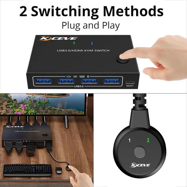 Alt view image 6 of 7 - KCEVE 4K KVM Switch 1 Monitors 2 Computers HDMI, USB 3.0 KVM Switch 2 Ports 4K@60Hz for 2 Computer Share Keyboard Mouse, with Wired Remote