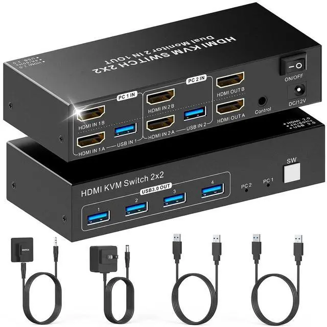 Main image of 4K HDMI KVM Switch Dual Monitor 2 Computers 4K@60Hz KVM Switcher 2 PC 2 Monitors with 4 USB 3.0 Port Wired Remote 12V Power Adapter and USB 3.0 Cables Support Extended Display for Keyboard Mouse