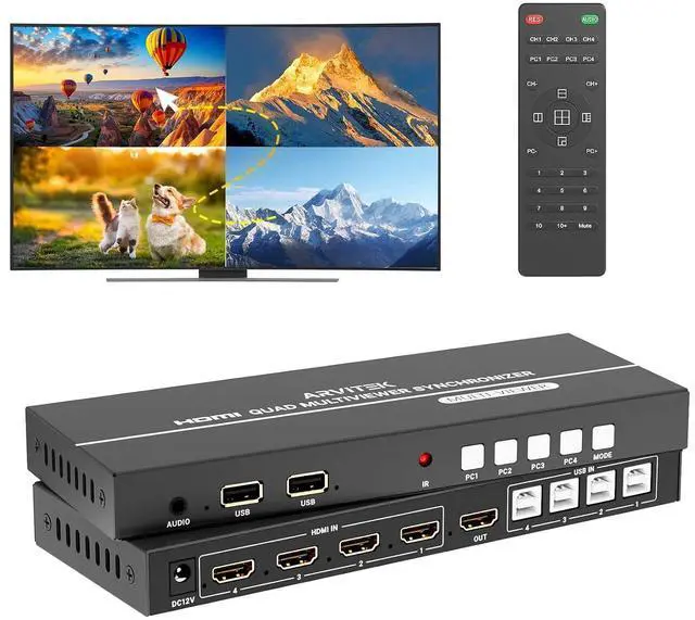 Main image of 4K HDMI KVM Switch 4x1 w/Hot-Key, Quad HDMI Multiviewer Switcher w/PIP, 4K@30Hz, 4 Computers Share 1 Monitor+2 USB Device, Quick View for Security Camera, PC, Laptop, Fire Stick, Roku