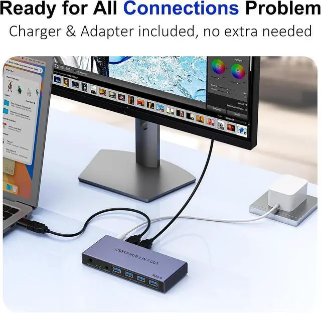 Alt view image 7 of 7 - 2-in 7-Out USB 3.0 Switch, USB Switcher for 2 Computers Share 7 USB Devices (4 USB-A + 3 USB-C), USB Switches Sharing Keyboard Mouse Printer Scanner with USB-C Male Adapter, Controller, Power Adapter