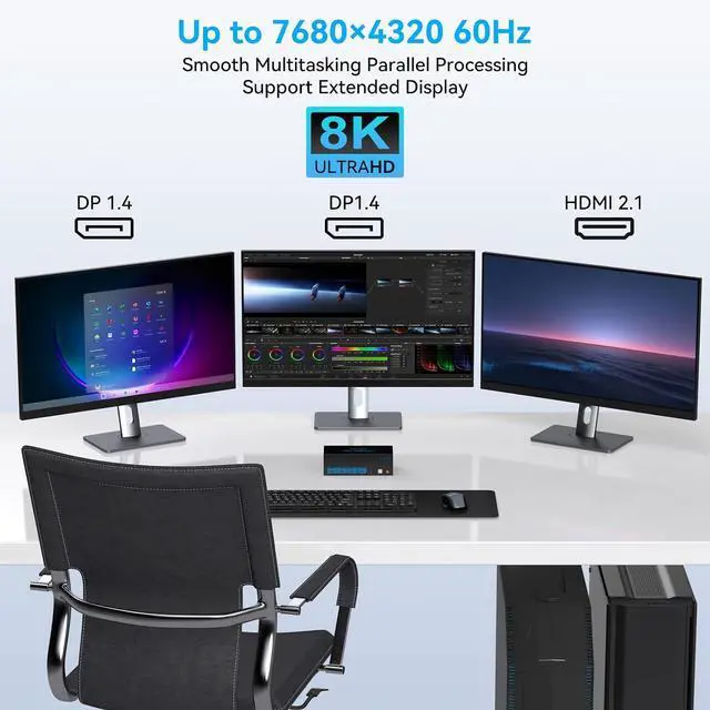 Alt view image 3 of 7 - 8K@60Hz HDMI Displayport KVM Switch 3 Monitors 2 Computers 4K@120Hz Triple Monitor KVM Switches for 2 PC Share 4 USB 3.0 Ports Support Extended & Copy Mode Desktop Controller 12V Adapter Included