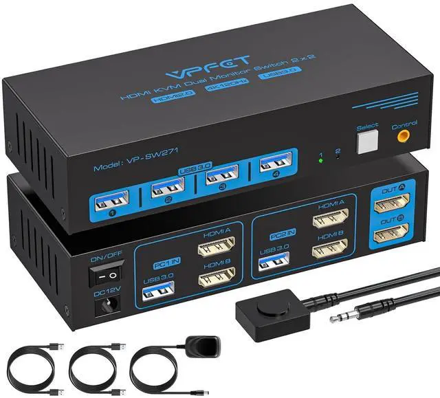 Main image of 4K120Hz HDMI KVM Switch 2 Monitors 2 Computers 8K USB 3.0 KVM Switches for 2 Computers Share Dual Monitor and 4 USB Devices