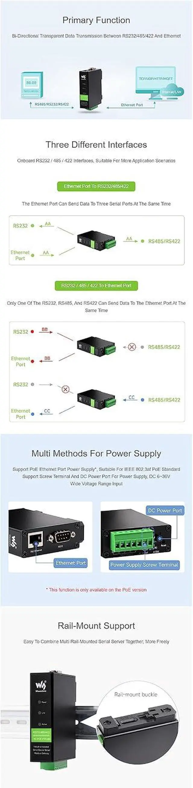 Alt view image 5 of 7 - RS232/485/422 to RJ45 Ethernet Module RS232/485/422 to ETH Converter Rail-Mount Serial Server TCP/IP to Serial