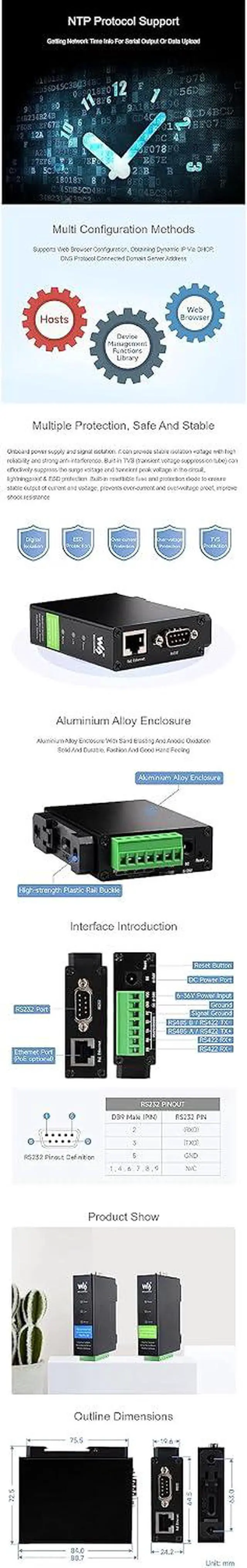 Alt view image 7 of 7 - RS232/485/422 to RJ45 Ethernet Module RS232/485/422 to ETH Converter Rail-Mount Serial Server TCP/IP to Serial