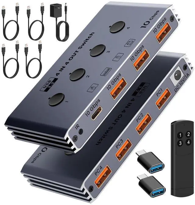 Main image of USB 3.2 Switch Selector 4 Computers Share 4 USB Devices 10Gbps High-Speed USB Sharing Switch with 1 USB-C & 3 USB-A Ports, Keyboard Mouse Switcher for PC Laptop with Remote Control & Power Adapter
