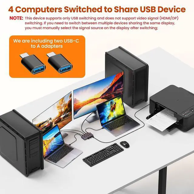 Alt view image 3 of 7 - USB 3.2 Switch Selector 4 Computers Share 4 USB Devices 10Gbps High-Speed USB Sharing Switch with 1 USB-C & 3 USB-A Ports, Keyboard Mouse Switcher for PC Laptop with Remote Control & Power Adapter