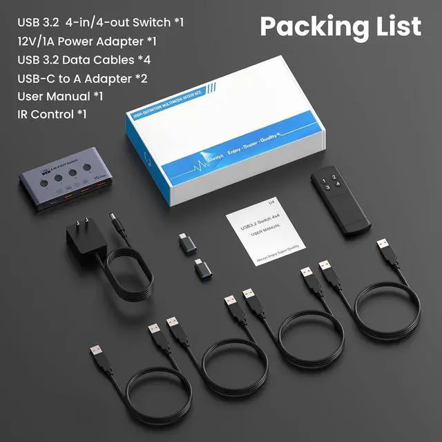 Alt view image 7 of 7 - USB 3.2 Switch Selector 4 Computers Share 4 USB Devices 10Gbps High-Speed USB Sharing Switch with 1 USB-C & 3 USB-A Ports, Keyboard Mouse Switcher for PC Laptop with Remote Control & Power Adapter