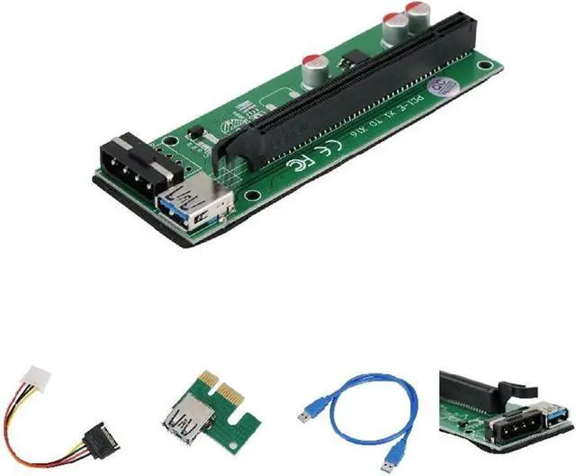 Alt view image 2 of 6 - 60cm PCI-Express PCI-E 1X to 16X Riser Card Adapter PCIE Extender + USB 3.0 Cable + SATA to 4Pin IDE Molex Power Cord QJY99, Green